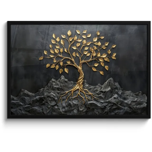 FrameYourWall Poster in lijst - Fotolijst 90x60 cm - Posters - Bladeren - Goud - Boom - Rots - Posterlijst zwart - Decoratie - Wanddecoratie woonkamer - Muurdecoratie slaapkamer