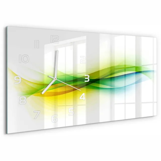 TULUP Wandklok - Golfabstractie Glazen Klok Met Print - 60x30 cm - Veelkleurig Wandklok Glas Met Motief - Witte handen - Rechthoekige Klok - Wandklok Glas Decoratie - Gekleurde Glazen Klok