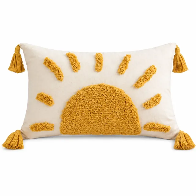 SWGOTA Sierkussen 30 x 50 cm met katoenen hoes en binnenkussen, getuft zonnemotief en kwastjes voor bank of fauteuil Crème