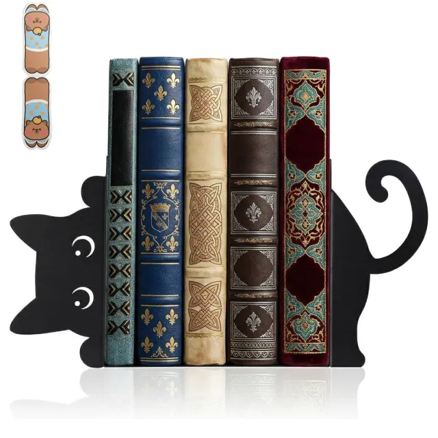 Famanu Katten boekensteunen van metaal, set van 2 stuks, decoratieve boekenhouders voor planken, met magnetische bladwijzer, ideaal voor thuis en kantoor Zwart