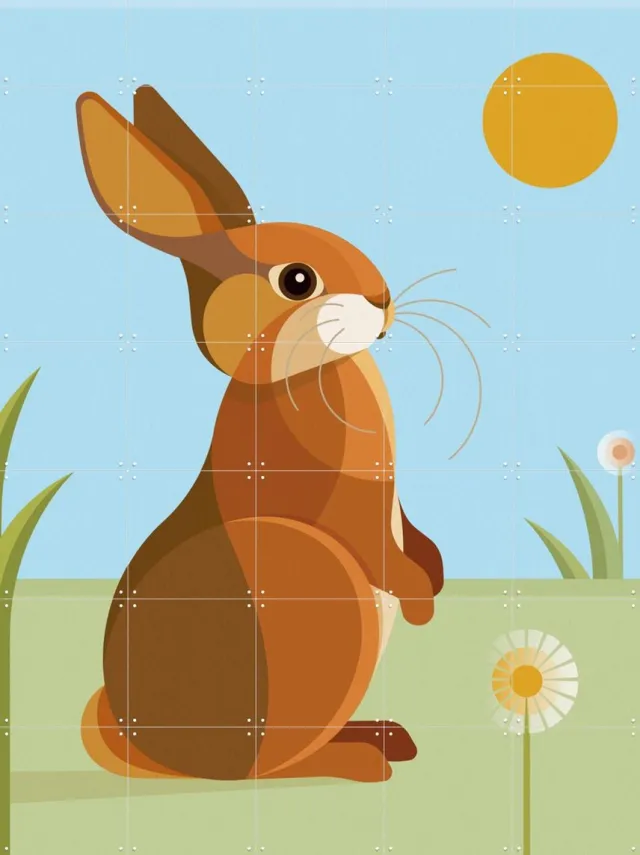 IXXI Konijn, Elke Uijtewaal - 100 x 140 cm - Grote wanddecoratie en posters - Illustraties, Cartoonesk, Kleurrijk, Grafisch Ontwerp, Speels Bruin