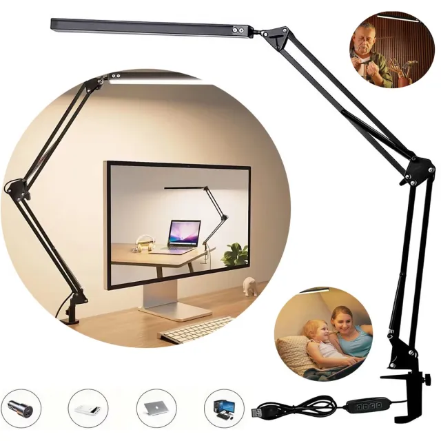 Buyya Led-Bureaulamp, Verstelbare Bureaulamp Met Zwenkarm, 3 Standen, 10 Helderheidsniveaus, Oogvriendelijke Leeslamp Voor Op Tafel. Zwart