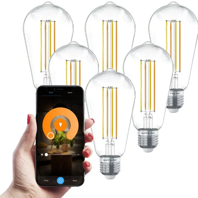 HOFTRONIC Set van 6 Smart Gloeilampen - 7 Watt 806 Lumen - Kooldraadlampen - ST64 Edison Helder - 1800-3000K - Dimbaar - E27 Filament - Bedienbaar via Google Home & Amazon Alexa