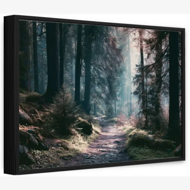 WALLARENA Canvas schilderij met zwarte lijst 60x40 cm - mistig bos met pad