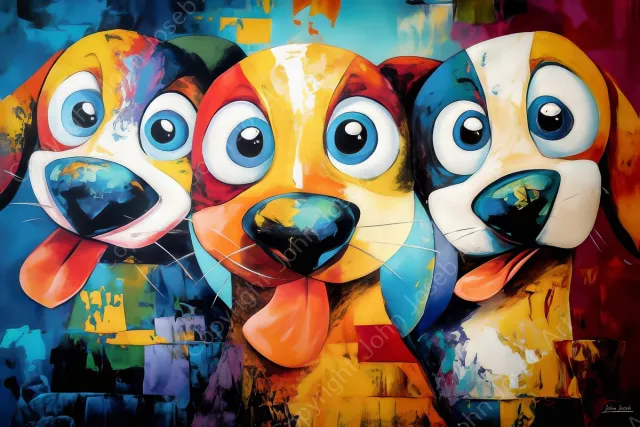 John Joseb Art (Glas) 60x40 | Gekke grappige honden, humor, kleurrijk, abstract, kunst, blauw, geel, bruin, rood, modern | Foto-schilderij-glasschilderij-acrylglas-acrylaat-wanddecoratie Acrylglas, dikte 5 mm