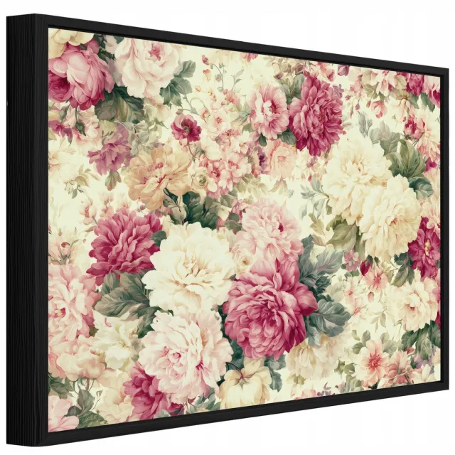 WALLARENA Schilderij op canvas met zwarte lijst - 120x80 cm - pioenrozen in boho-stijl - voor slaapkamer en woonkamer Beige