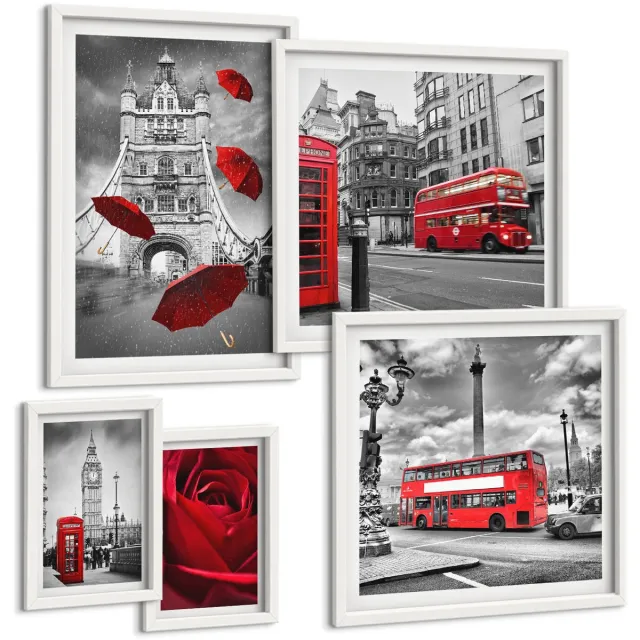 TULUP 4-Delige Schilderij Set - Londense motieven met rode accenten en details - 50 x 50 cm, 20 x 30 cm en 40 x 60 cm - Wanddecoratie - Woonkamer Decoratie - Interieur Decoratie witte lijst