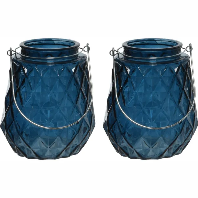 Decoris 2x stuks theelichthouders/waxinelichthouders ruitjes glas donkerblauw met metalen handvat 11 x 13 cm - Windlichtjes/kaarsenhouders