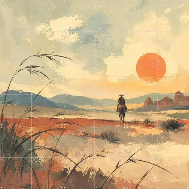 IXXI Landschap Met Cowboy Te Paard, Natalie Bruns - 120 x 120 cm - Grote wanddecoratie en posters - Kwaststreken, Digitale Kunst, Gang, Mancave, Trap Oranje / Bruin