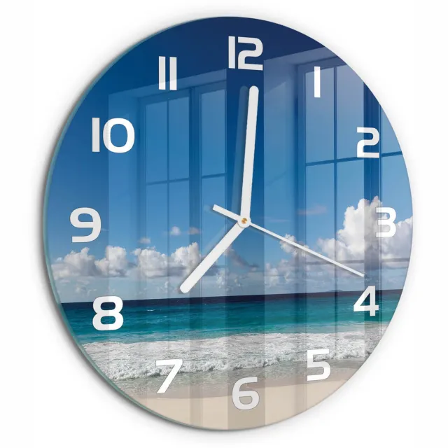 TULUP Wandklok - strand op de Seychellen Wandklok Glas Met Motief - fi30 cm - Blauw Decoratieve Glazen Klok - Witte handen - Ronde Klok - Gekleurde Glazen Klok - Glazen Klok Met Print