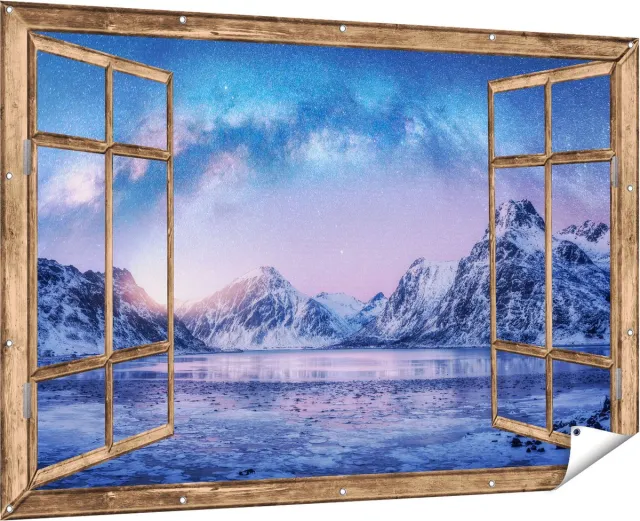 Gards Tuinposter Doorkijk Melkweg bij de Besneeuwde bergen - 180x120 cm - Tuindoek - Tuindecoratie - Wanddecoratie buiten - Tuinschilderij Multikleur