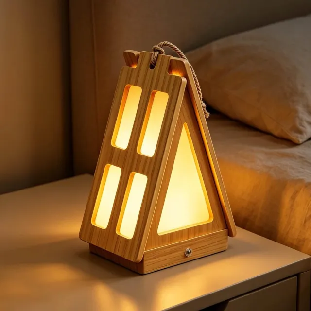 ZVD Nachtlampje in blokhutstijl – Oplaadbare, draagbare tafellamp – Dimbaar in 3 kleuren – Aanraakbediening – Creëert een gezellige sfeer – Geschikt voor slaapkamers, kamperen en als woondecoratie Houtkleur