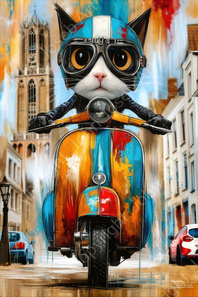 John Joseb Art (Canvas) 40x60 | Scooter in Utrecht met grappige poes, kat, humor, Dom, Domtoren, helm, bril, abstract, kunst, dier, rood, blauw, bruin, modern | Foto-Schilderij canvas print (wanddecoratie) Canvas, dikte 2 cm