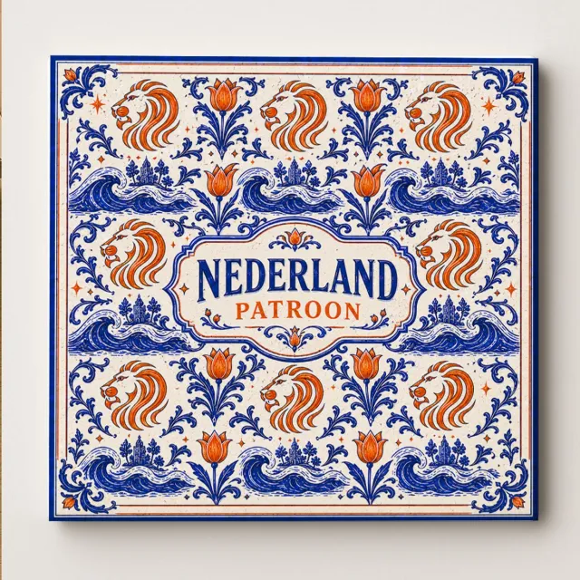Bedruk King Nederland Patroon Decoratieve Keramische Tegel – Nederlandse Leeuw Tulp en Delfts Blauw Design – Oranje Blauw Wanddecoratie Tegel – Vaderlands Woondecoratie Cadeau Wit