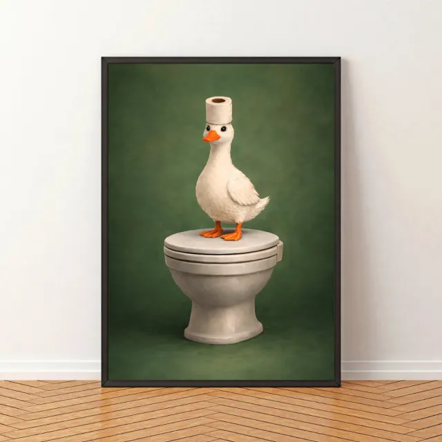 26 Walls Foto op poster - Eend op toilet - A4 - 21 × 29,7 cm - Badkamer Toilet decoratie - Humoristische dierenprint - Wanddecoratie - Exclusief fotolijst Groen