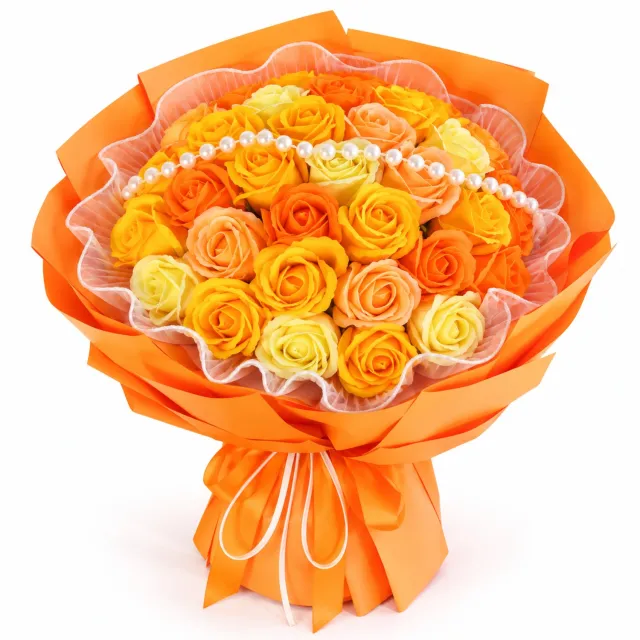 La Roselle Amsterdam Oranje en Geel Kunstbloemen Boeket met Rozen – Kleurrijk Bloemencadeau in Oranje Geschenkverpakking – Cadeau voor Verjaardag, Bedankje en Housewarming | La Roselle Amsterdam