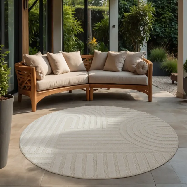 Muratap Berlin Outdoor - Japandi - Rond - Creme - Vloerkleed Binnen en Buiten - Laagpolig Tapijt Tuin- 200 CM ROND