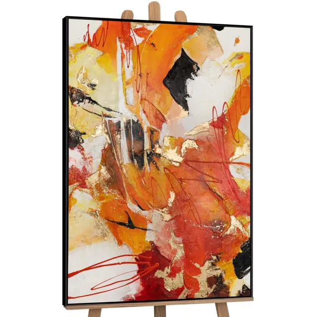 YS Canvas schilderij landschapsformaat handgeschilderd oranje explosie abstract warm – YS-Art Gallery – Energieke wanddecoratie voor woonkamer – Modern schilderij voor hal en kantoor Black