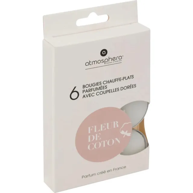 Atmosphera Createur D'Interieur - Geur Theelichtjes - Geurkaarsen - Waxinelichtjes - Geurende Theelichtkaarsen - Scented Tealight Candles - Katoen bloesem - Fleur de Coton - 1 doosje met 6 waxinelichtjes Wit