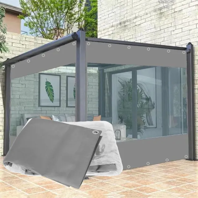 Famanu Vinyl gordijnen voor terras, zwaar belastbaar, waterdicht en scheurvast, ideaal voor tuinhuisjes, pergola's en veranda's, met transparant en grijs design