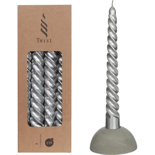 twist kaars - Zilver - twist dinerkaarsen - set van 4 stuks - 19cm
