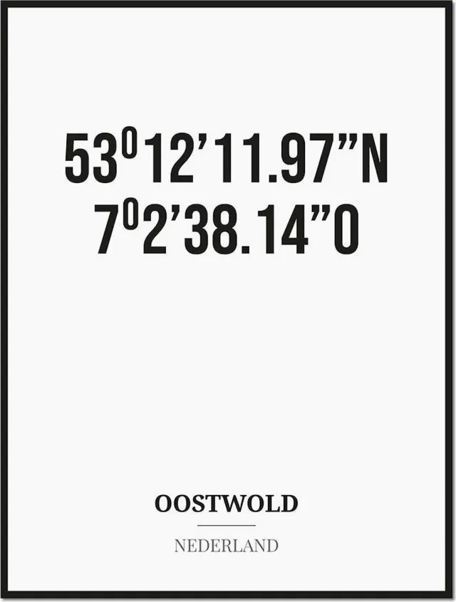 Studio216 Poster/kaart OOSTWOLD met coördinaten zwart, wit