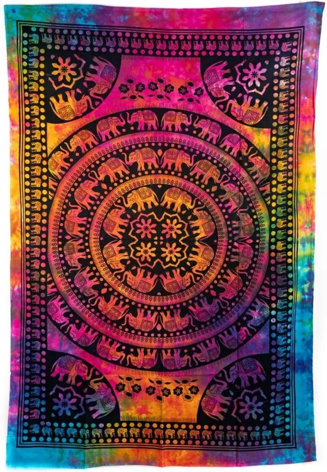 Spiru Authentiek Wandkleed Katoen Olifanten in Cirkels Kleurrijk (215 x 135 cm) Multicolor