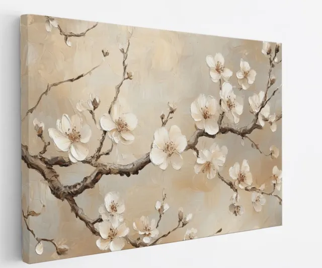 Saammp Canvas Schilderij - Witte bloemen aan tak - Abstract - botanisch - 45x30 - Foto op canvas - Wanddecoratie - Muurdecoratie Woonkamer - Woonkamer Decoratie Multicolor