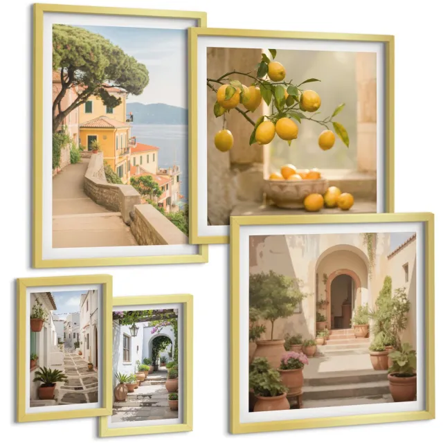 TULUP 5-Delige Schilderij Set - Sfeervolle straatjes en fruit in mediterrane stijl - 50 x 50 cm, 20 x 30 cm en 40 x 60 cm - Schilderijen Set - Wanddecoratie - Woonkamer - Moderne Wanddecoratie Gouden lijst