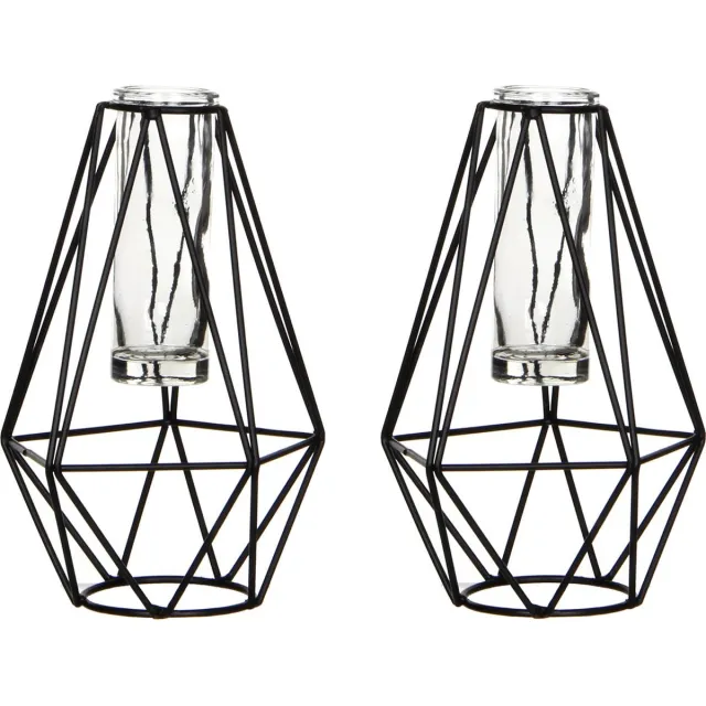 Mica Decorations Vaas - 2x stuks - zwart - metaal - diamant vaasje met glas - 11x10x17 cm - Kleine vaasjes voor bloemen