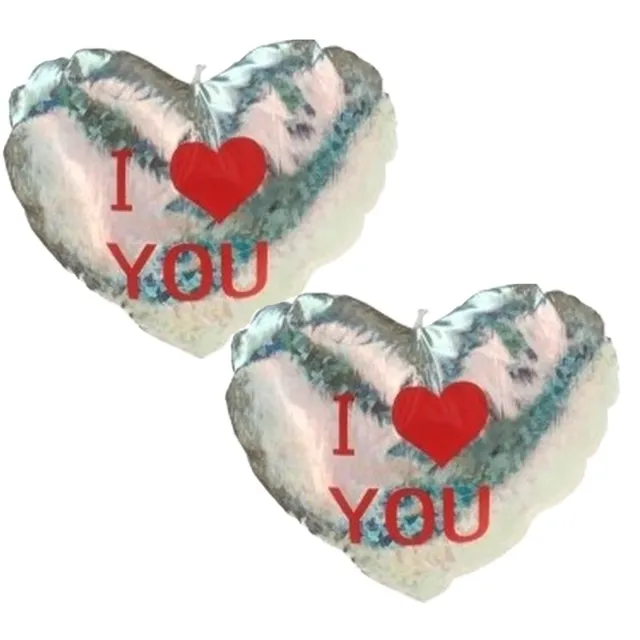 Krüger & Gregoriades Sierkussen - 2x - zilver - 14 cm - glimmend - hart I Love You - Valentijn - hart kussen - pluche