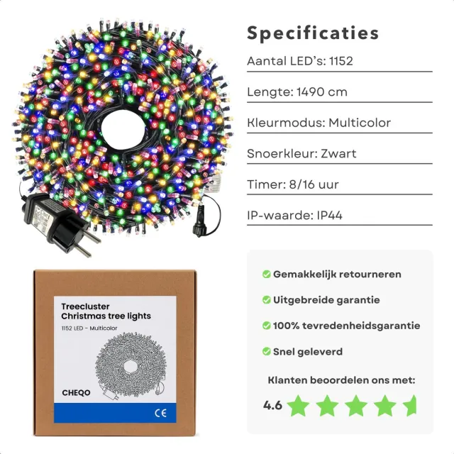 Cheqo Kerstboomverlichting Multicolor - Kerstverlichting Met Timer - Binnen En Buiten Gebruik - IP44 - 8 Lichtfuncties - Zwart Snoer - Geheugenfunctie - Kerstlampjes - Kerstboom Verlichting - Kerstdecoratie - 15 meter
