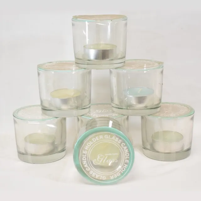 ZoeZo Design 6 stuks - waxinelichtjeshouder - zwaar glas - glas - licht groene rand - met theelichtjes - H8 x Ø8 cm - herbruikbaar