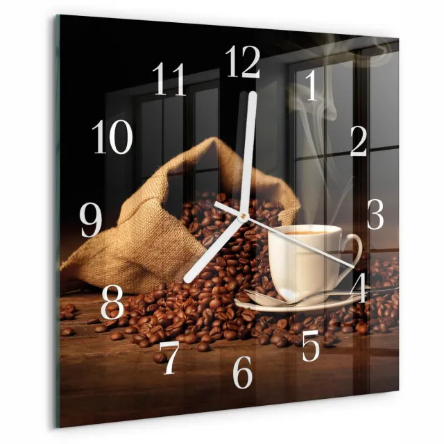 TULUP Wandklok - Koffiebonen Glazen Wandklok Design - 30x30 cm - Bruin Klok Glas Met Opdruk - Witte Handen - Vierkante Wandklok - Wandklok Glas Decoratie - Gekleurde Glazen Klok Bruin - Koffiebonen