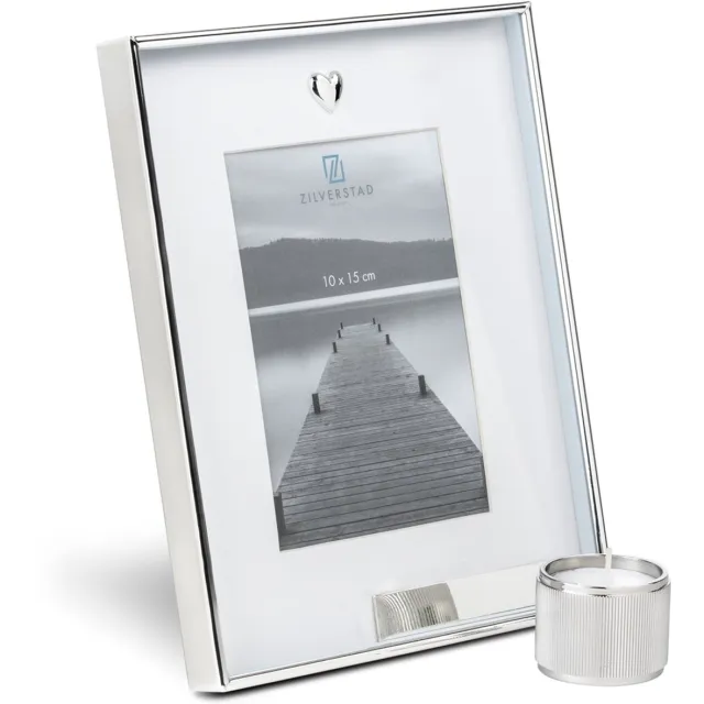 Zilverstad Memory fotolijst met hart icoon en waxinelichthouder zilver kleur
