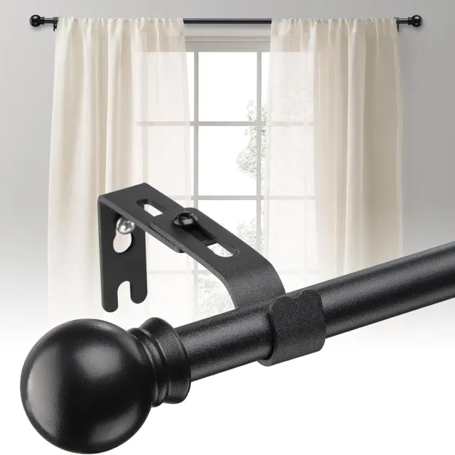 Famanu Uittrekbare gordijnroede van 70-210 cm in mat zwart, 16 mm diameter, met houders, stabiele gordijnroedeset voor slaapkamer, woonkamer en keuken