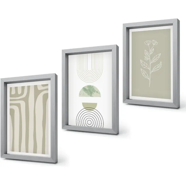 Coloray 4-Delige Schilderij Set - Geometrische patronen met plantenaccenten in groene tinten. - 20 x 30 cm - Wanddecoratie - Woonkamer Decoratie - Muurdecoratie Zilveren lijst