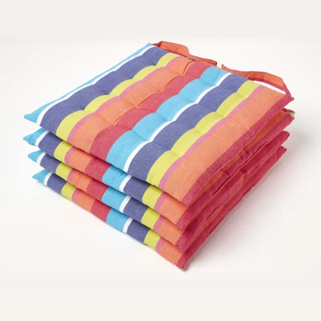 Homescapes 100% katoenen gestreept zitkussen, kleurrijk, set van 4 Veelkleurig