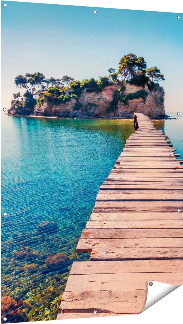 Gards Tuinposter Pad op het Water naar een Grieks Eiland - 100x150 cm - Tuindoek - Tuindecoratie - Wanddecoratie buiten - Tuinschilderij Multikleur