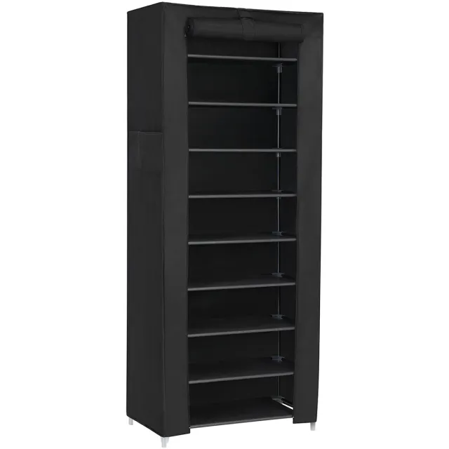 DEEP POWER Schoenenrek opbergkast, vrijstaande opberger met 10 lagen en ademende, vochtbestendige non-woven stofhoes, ruime opbergruimte voor verschillende soorten schoenen, geschikt voor hal en slaapkamer, 58 x 28 x 160 cm, zwart.