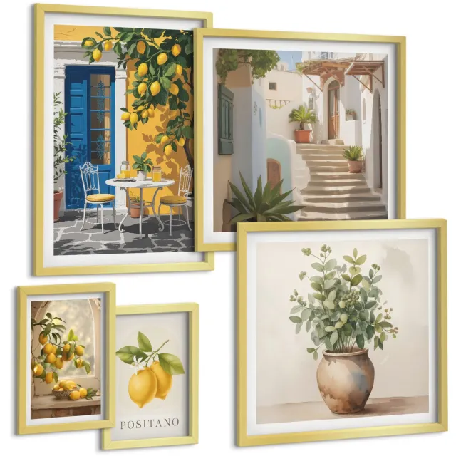 TULUP 5-Delige Schilderij Set - Citrusinspiratie in mediterrane stijl - 50 x 50 cm, 20 x 30 cm en 40 x 60 cm - Wanddecoratie - Moderne Interieurdecoratie - Moderne Wanddecoratie Gouden lijst