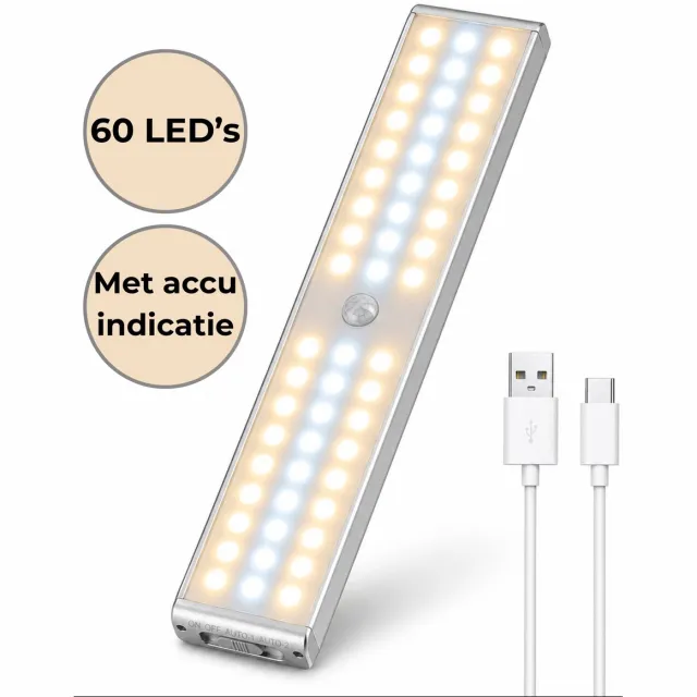 AXIMO Kastverlichting met Bewegingssensor – USB oplaadbaar en Accu indicatie - 60 LED Warm White/Cool White - Keukenverlichting onderbouw - Instelbare sterkte - Draadloos Kleur instelbaar