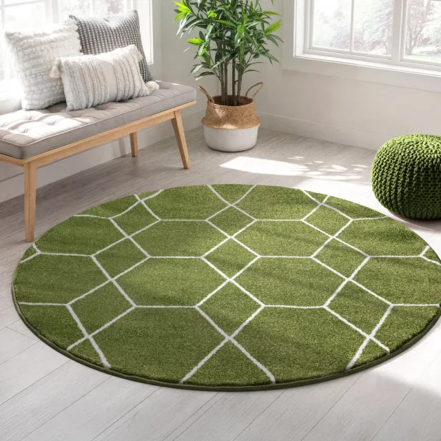 Muratap Trellis Uni Rond Laagpolig Vloerkleed Groen- 150 CM Ø