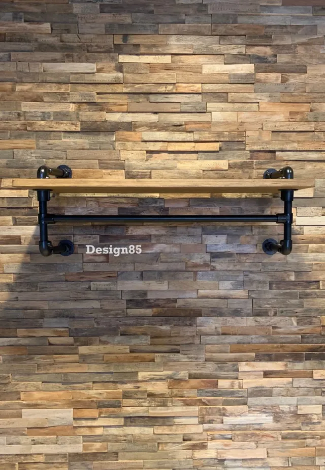 Design85 Industriële Kapstok 100 cm – Wandkapstok van Hout & Zwart Staal – Steigerbuis Kledinghanger met Haken – Design85 zwart en bruin