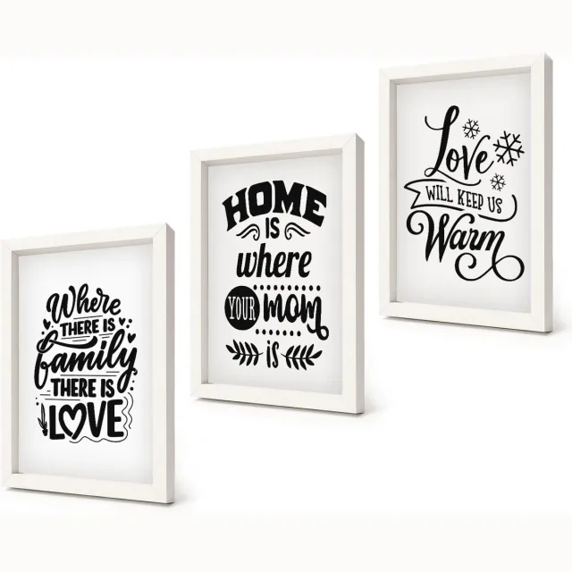 Coloray 3-Delige Schilderij Set - Familie, liefde, thuis, warmte in eenvoudige slogans - 20x30 - Moderne Wanddecoratie - Woonkamer - Decoratieve Schilderijen Witte lijst