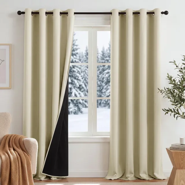 Famanu Verduisterende gordijnen kant-en-klaar, 100% verduisterend met lussen, warmte- koude-isolerend, geschikt voor woonkamer en slaapkamer, 140B x 245H cm (2 panelen), lichtbeige