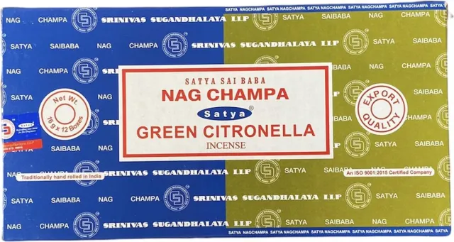 Satya Sai Baba Nag Champa & Green Citronella Incense - wierook stokjes - box met 12 doosjes - Combo Series