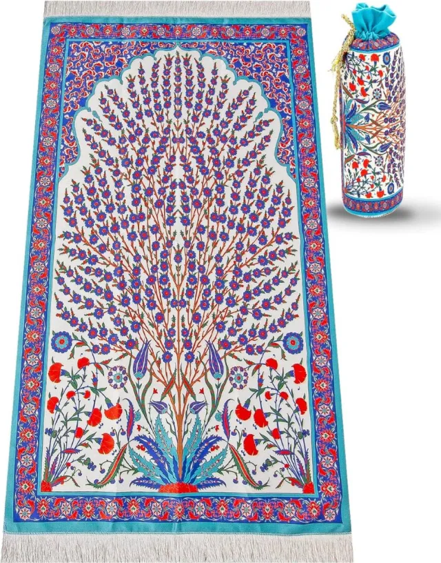 PEAM Gebedskleed Islam - Spirituele Pracht: Zijdeachtig Moslim Gebedskleed met Elegant Design | Draagbare Islamitische Gebedsmat | Perfect Ramadan en Eid Geschenk | Gebedstapijt Mat met Handige Reistas in Rood Multi