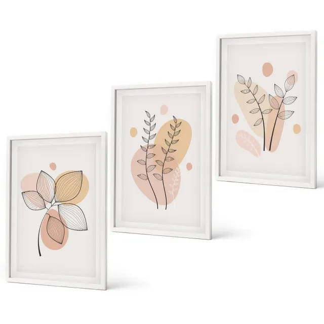 Coloray 3-Delige Schilderij Set - Minimalistische Planttekeningen In Pastelkleuren - 40 x 60 - Schilderijen Set - Wanddecoratie - Woonkamer - Decoratieve Schilderijen Witte lijst