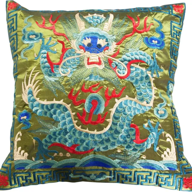 Fine Asianliving Chinese Kussen Volledig Geborduurd Groen Draak 45x45cm